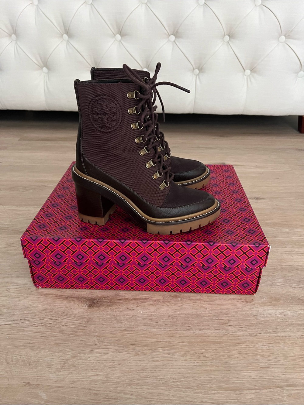 Tory Burch Burgundy Lace-Up Lug-Heel Boots